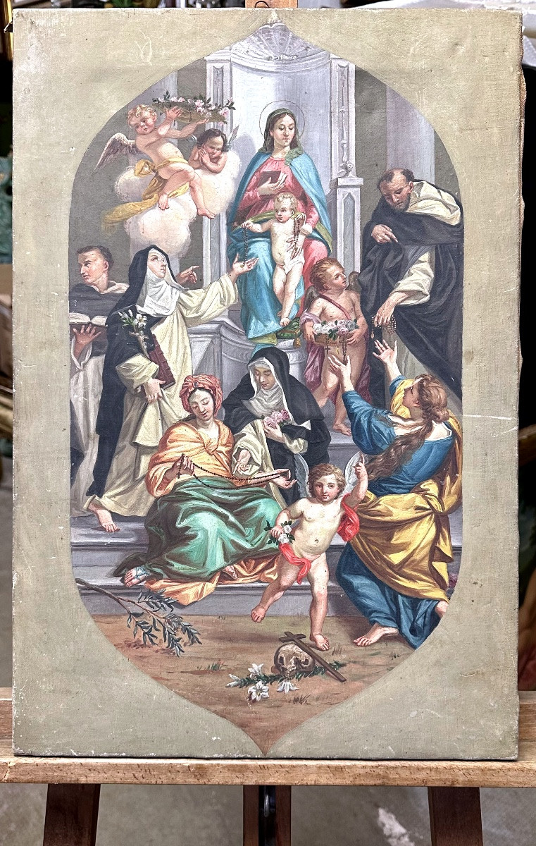 Peinture, esquisse, huile sur toile « Madonna del Rosario » - XIXe siècle