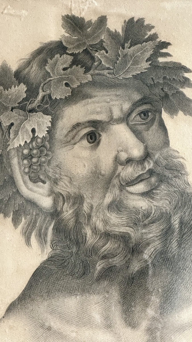 Dessin au crayon, « Silène couronné de vignes » - XIXe siècle-photo-2