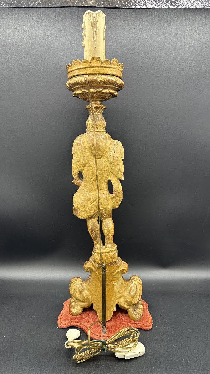 Carved And Gilded Wooden Candlestick With A Cherub Figure - 18th Century-photo-3