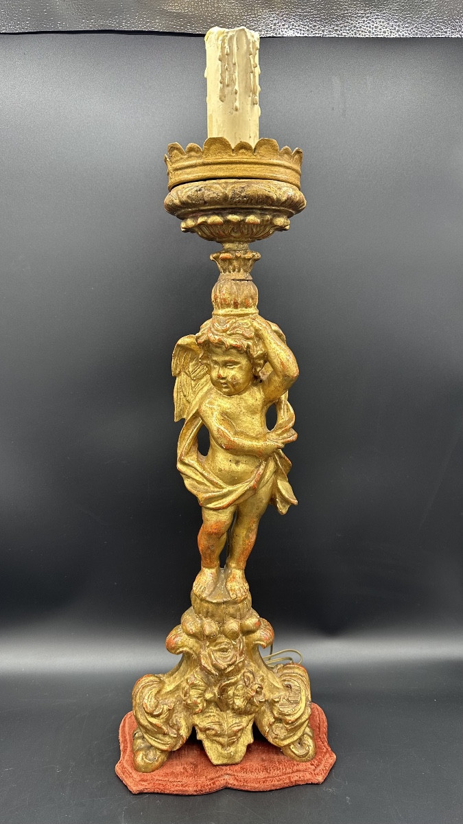 Carved And Gilded Wooden Candlestick With A Cherub Figure - 18th Century