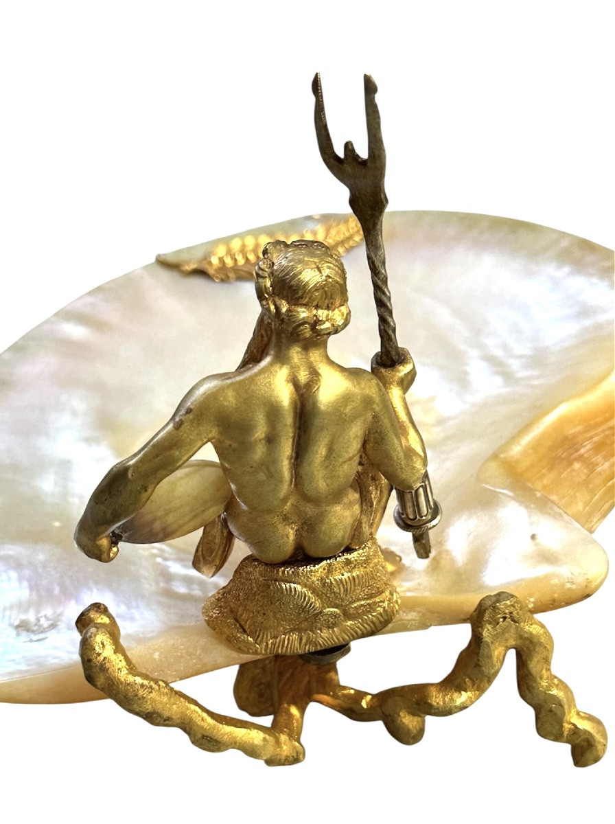 Decorative Centerpiece With Neptune In Gilded Bronze And Mother-of-pearl - 19th Century-photo-2