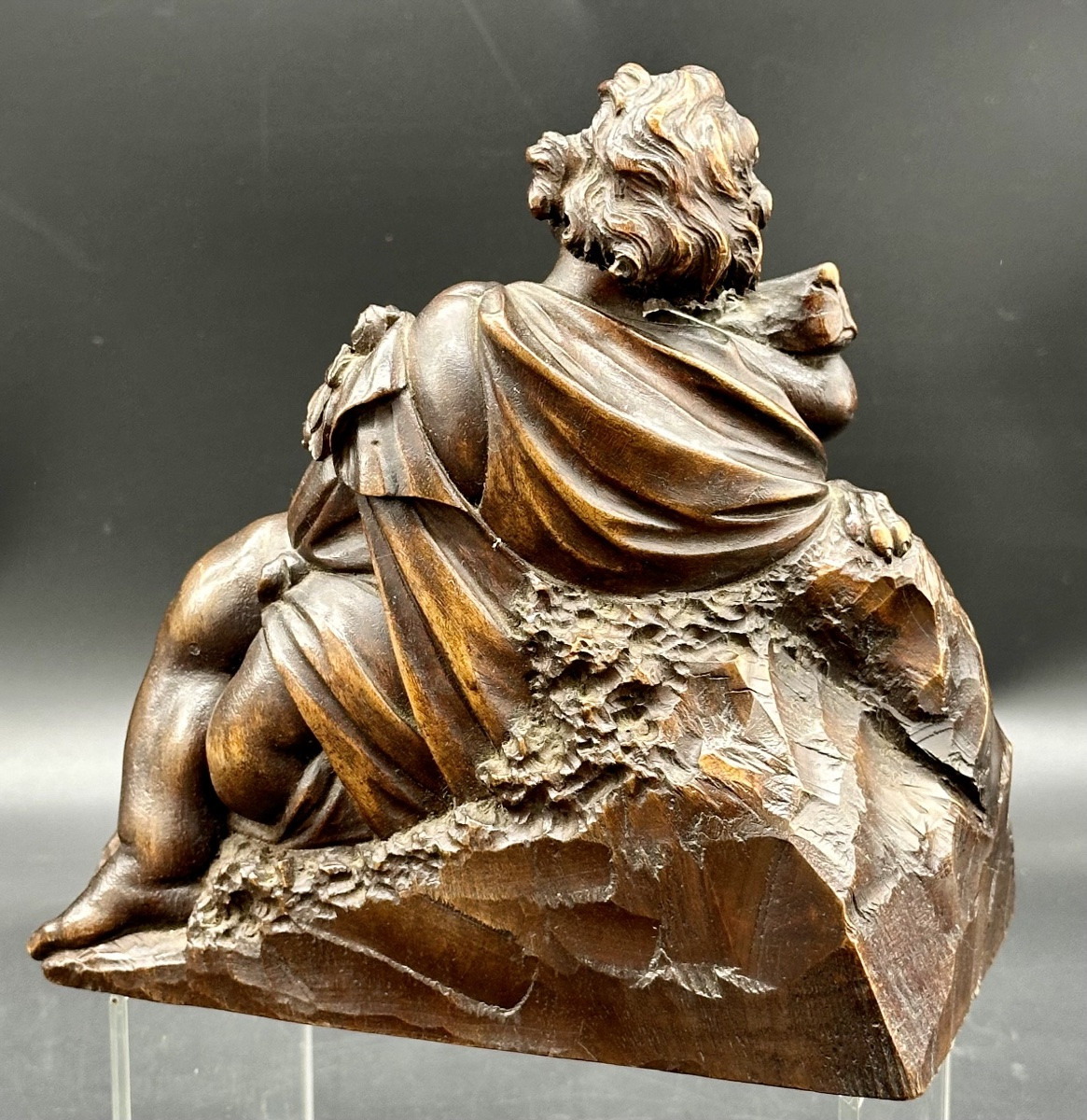 Carved Wood Sculpture - Cherub With Dog Period: 19th Century-photo-3