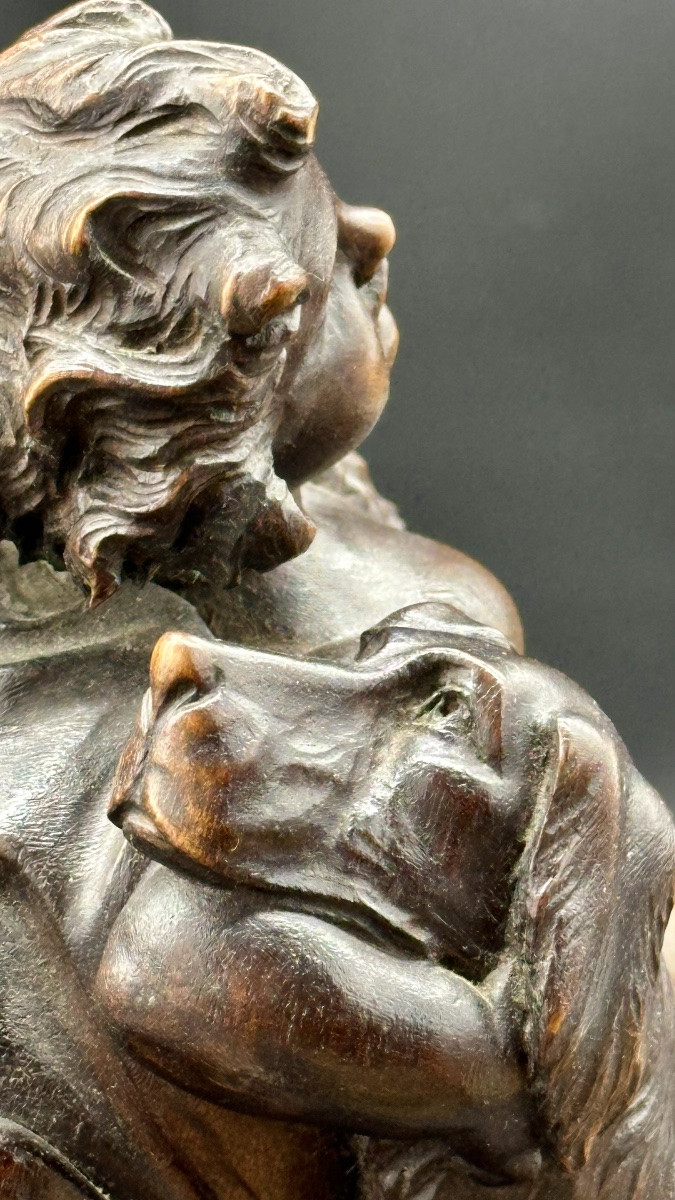 Carved Wood Sculpture - Cherub With Dog Period: 19th Century-photo-4