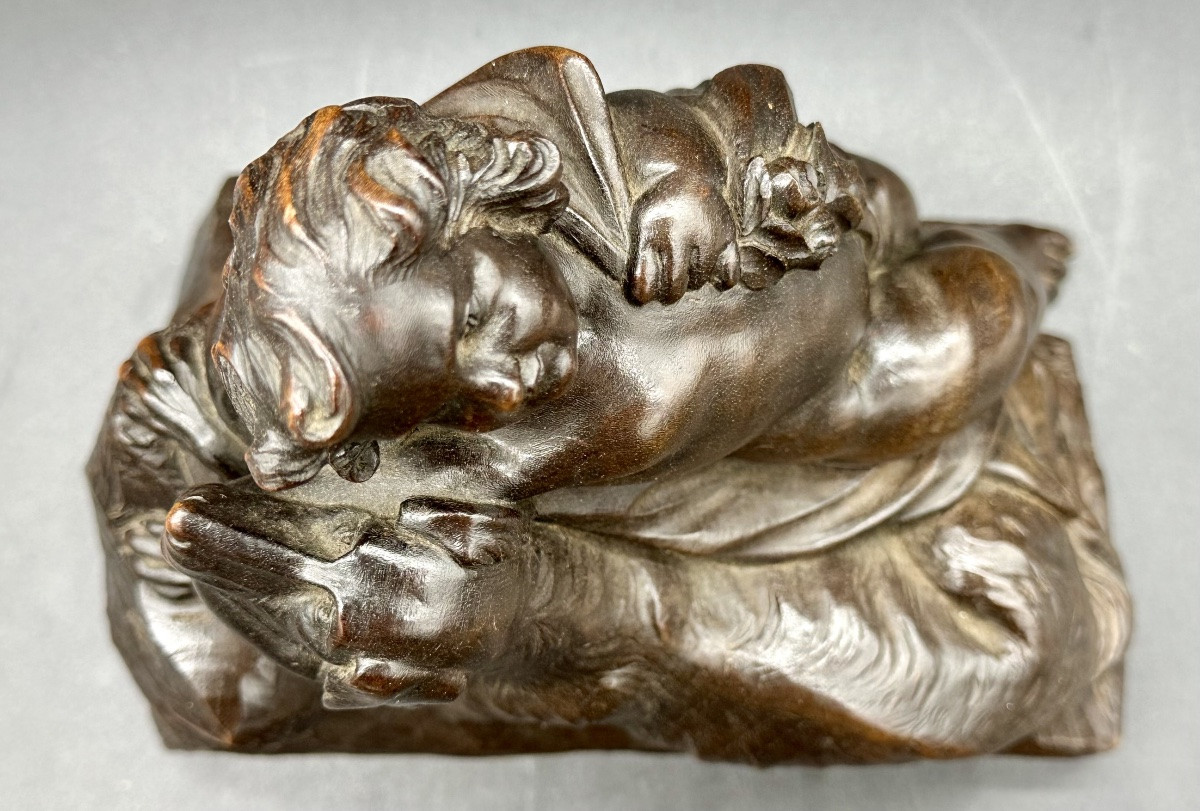 Carved Wood Sculpture - Cherub With Dog Period: 19th Century-photo-5