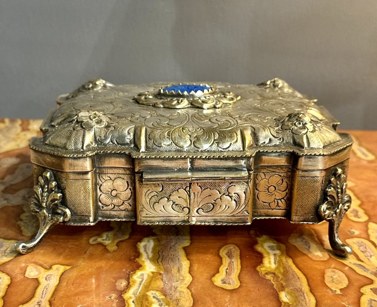 Finely Chiseled Silver-plated Metal Box With Blue Stone Europe, 19th Century-photo-3