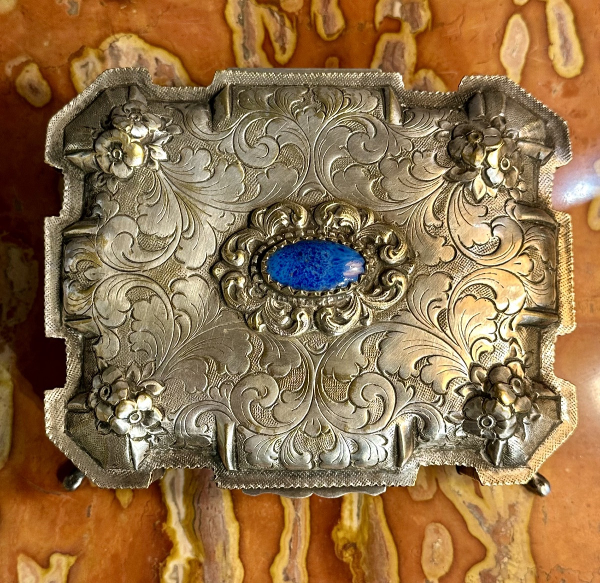 Finely Chiseled Silver-plated Metal Box With Blue Stone Europe, 19th Century-photo-1