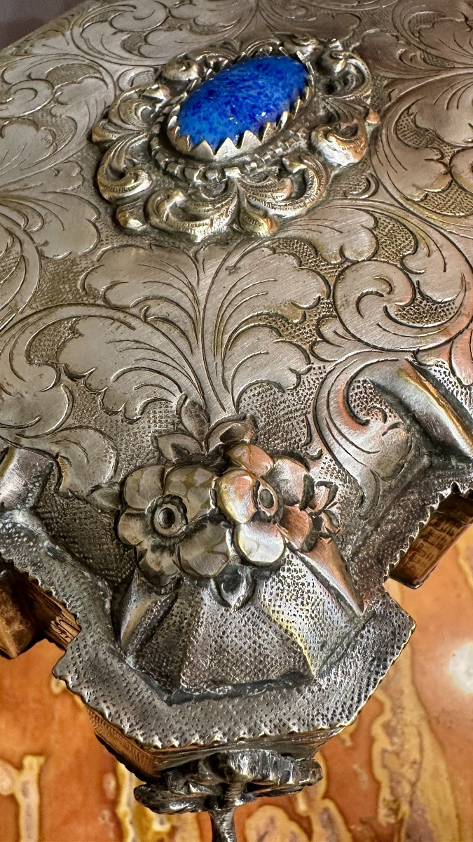 Finely Chiseled Silver-plated Metal Box With Blue Stone Europe, 19th Century-photo-5