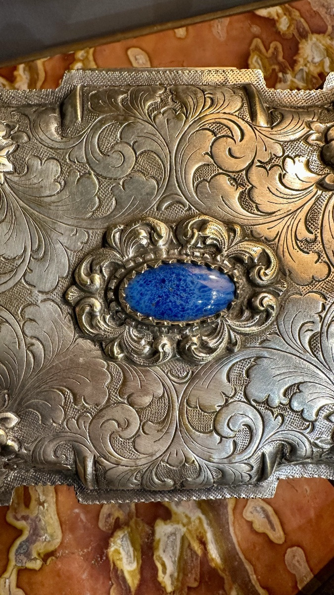 Finely Chiseled Silver-plated Metal Box With Blue Stone Europe, 19th Century-photo-6