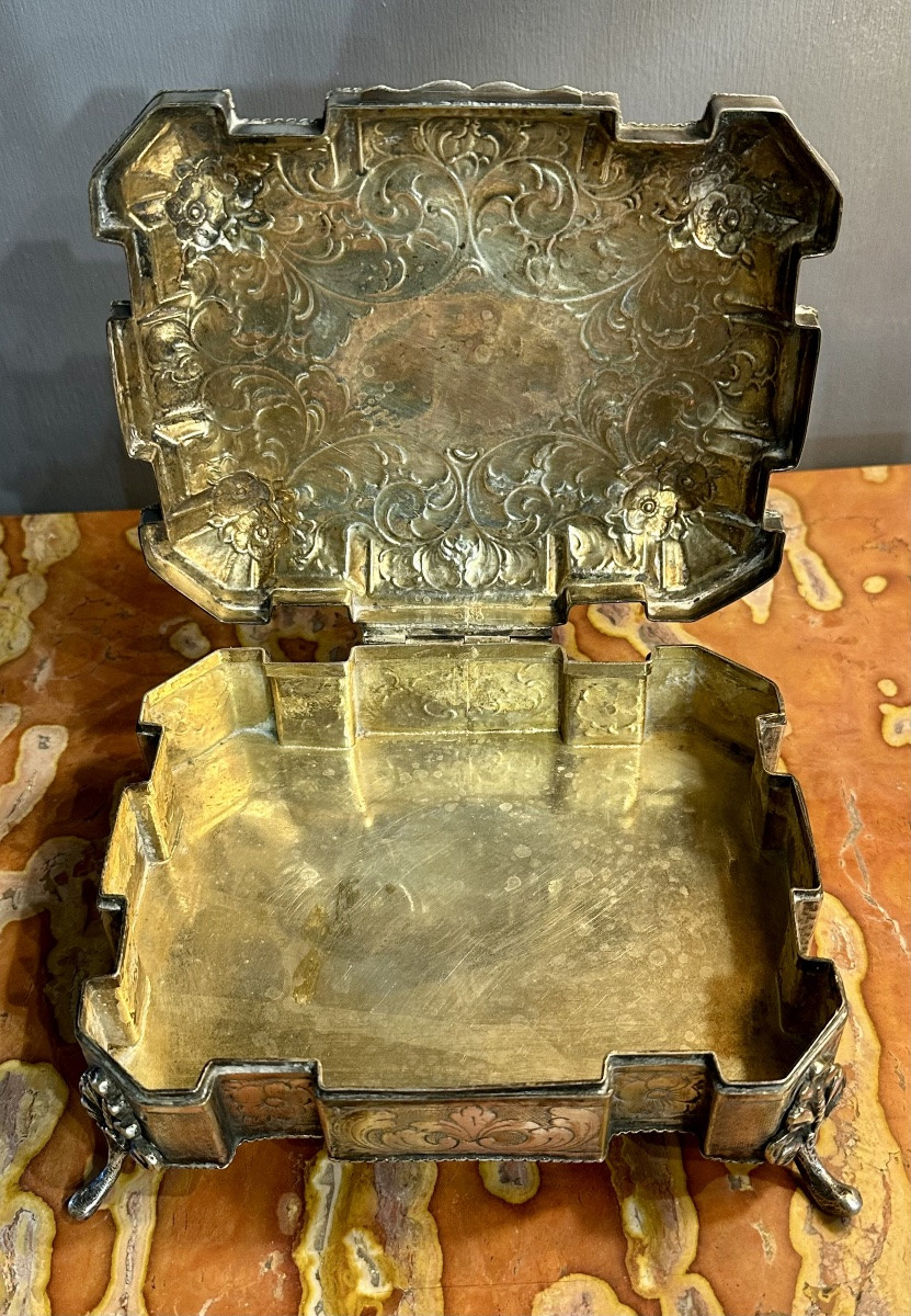 Finely Chiseled Silver-plated Metal Box With Blue Stone Europe, 19th Century-photo-7