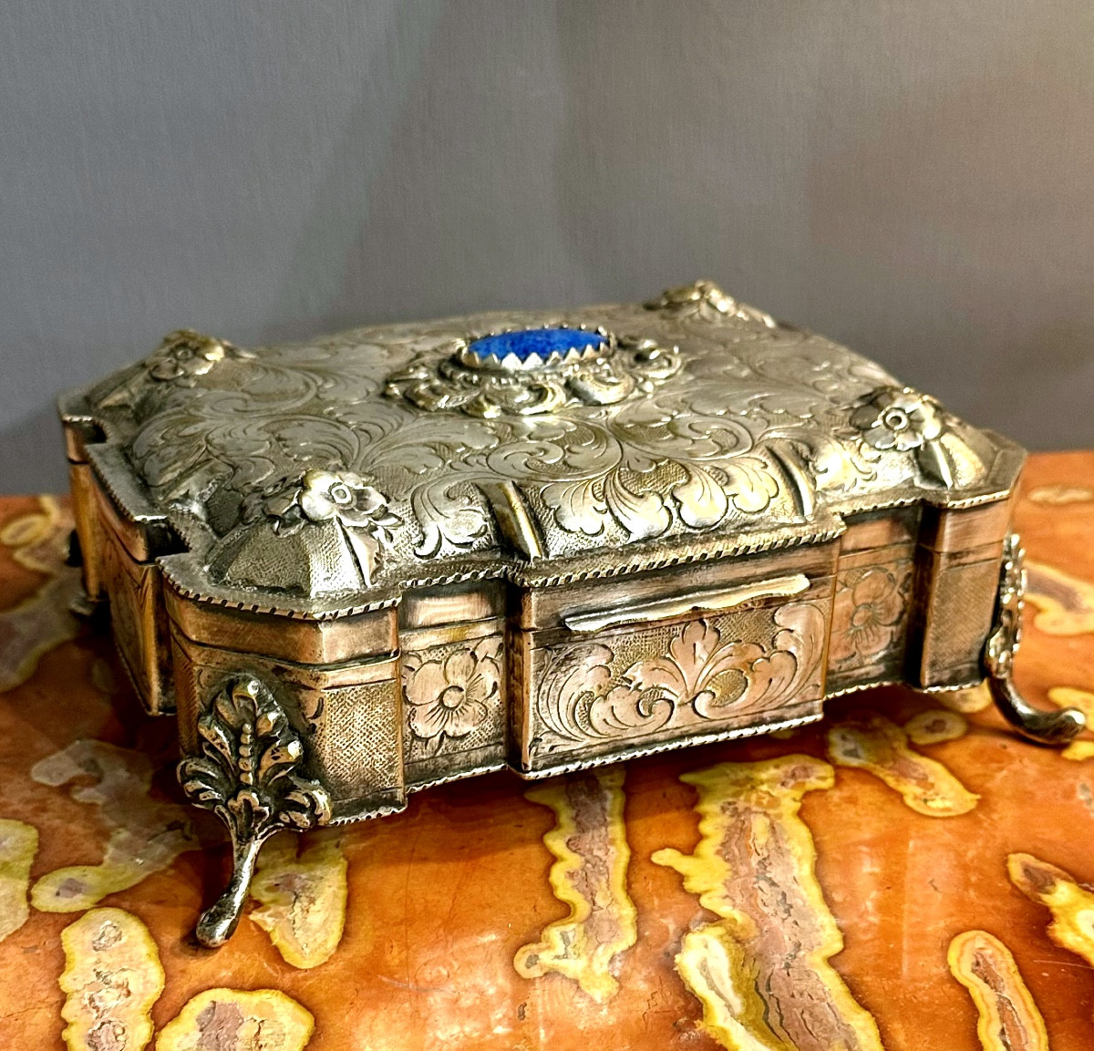 Finely Chiseled Silver-plated Metal Box With Blue Stone Europe, 19th Century