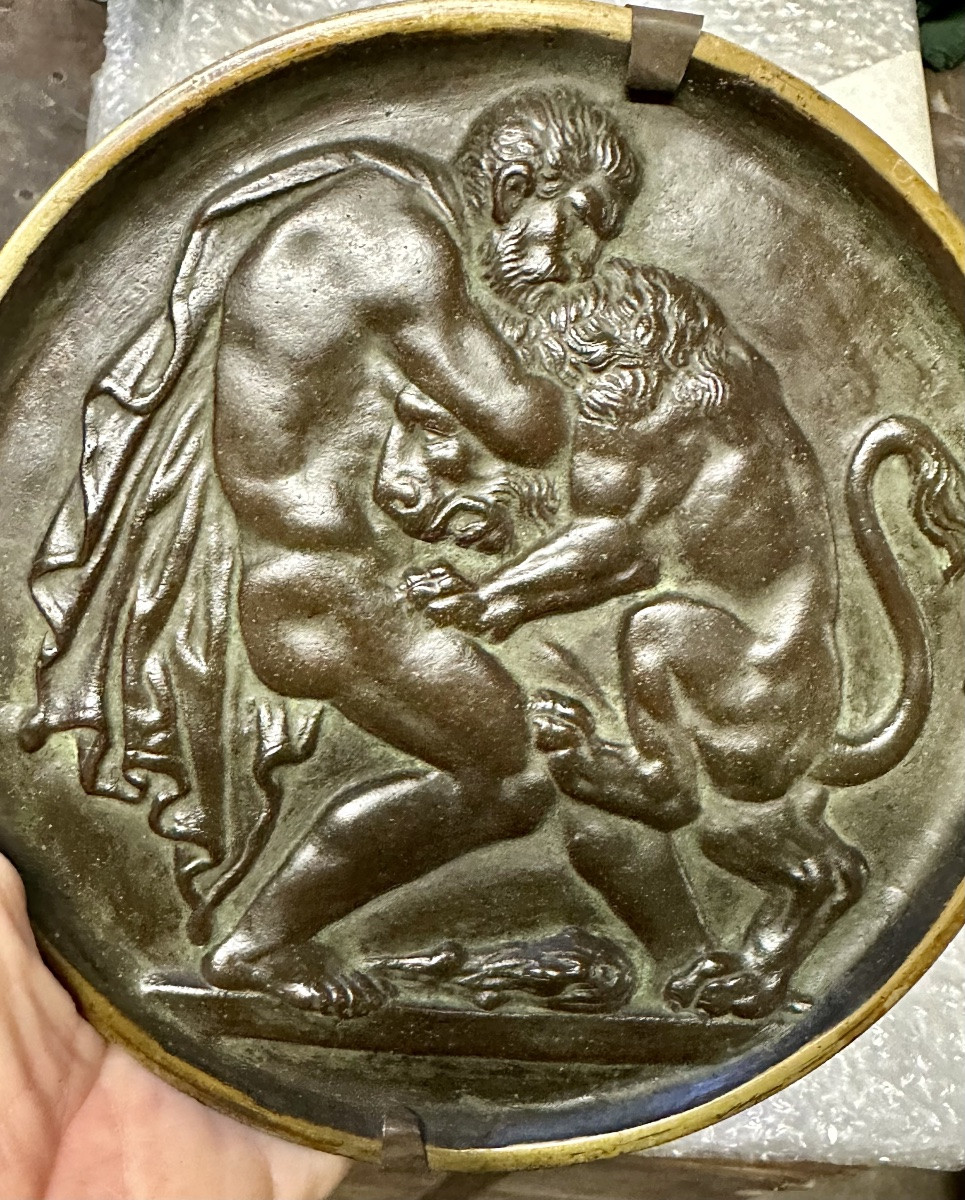 Bronze Medallion – Hercules And The Nemean Lion (basic Relief) Late 19th – Early 20th Century-photo-2