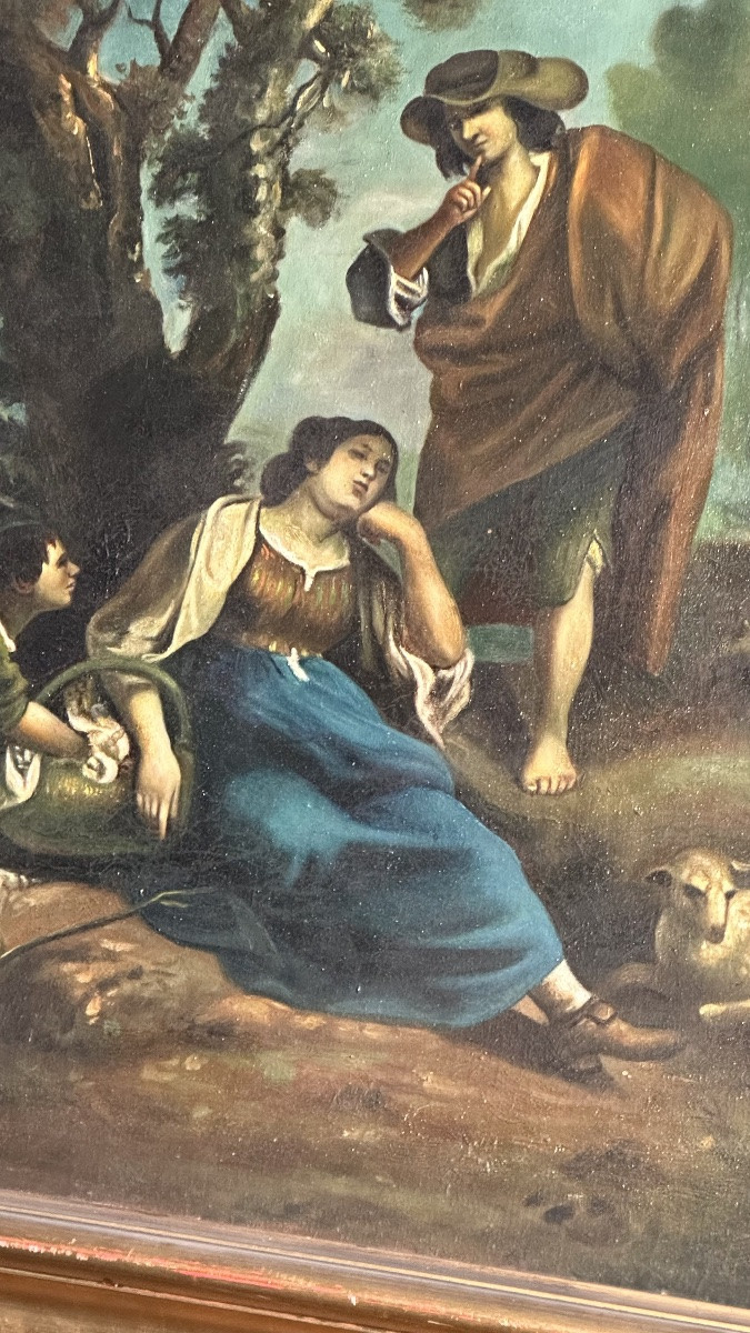 19th-century Pastoral Painting "landscape With Figures" – Oil On Canvas With Gilded Frame-photo-2