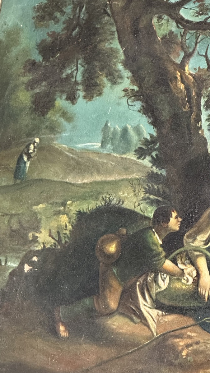 19th-century Pastoral Painting "landscape With Figures" – Oil On Canvas With Gilded Frame-photo-4