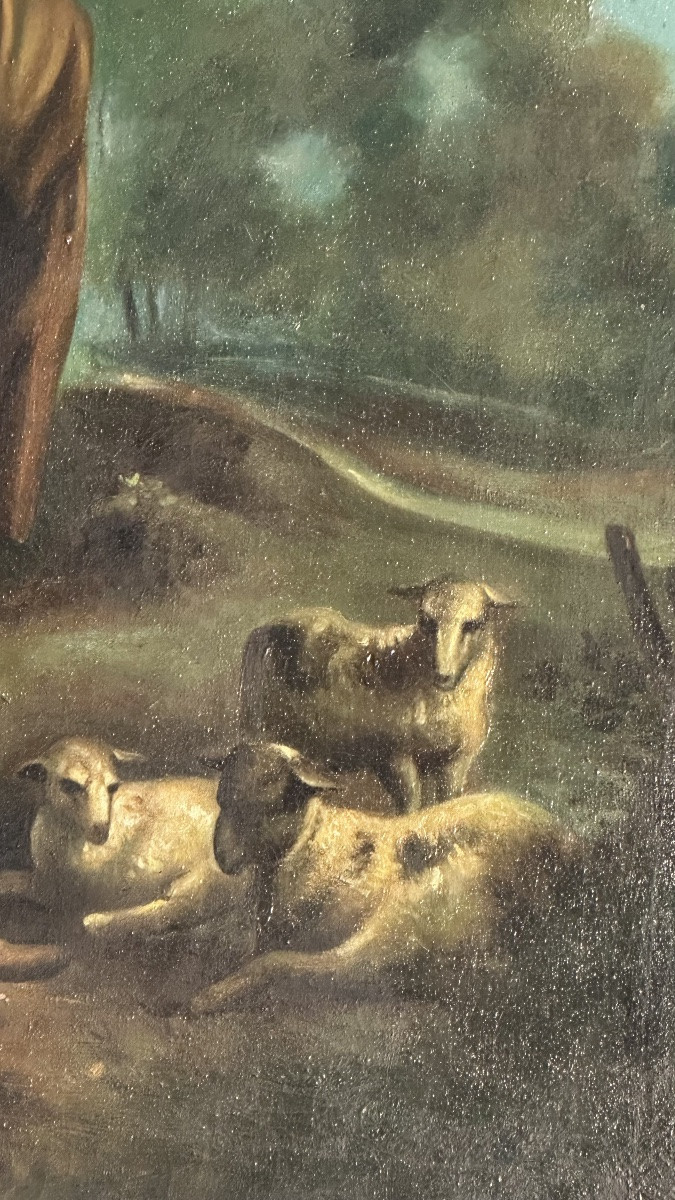 19th-century Pastoral Painting "landscape With Figures" – Oil On Canvas With Gilded Frame-photo-2