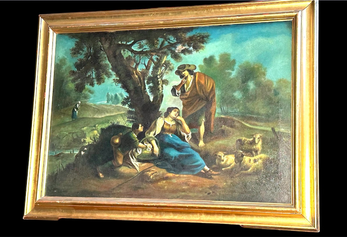 19th-century Pastoral Painting "landscape With Figures" – Oil On Canvas With Gilded Frame