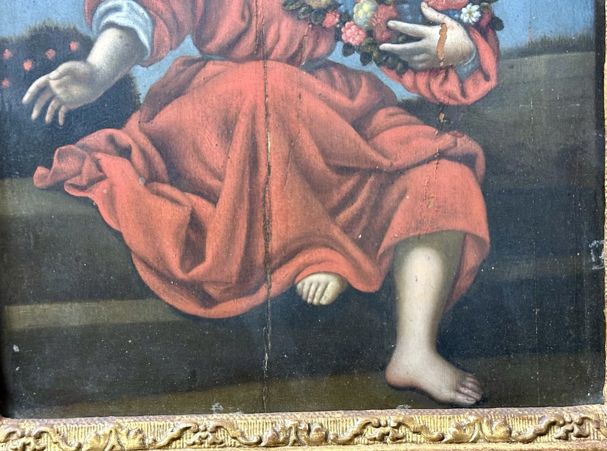 Oil On Panel "sacred Image Of The Child With A Garland Of Flowers" - Early 19th Century-photo-4