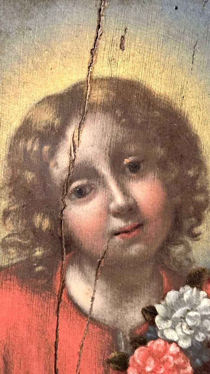 Oil On Panel "sacred Image Of The Child With A Garland Of Flowers" - Early 19th Century-photo-1