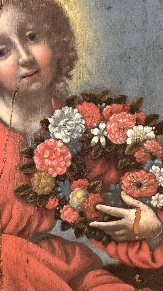 Oil On Panel "sacred Image Of The Child With A Garland Of Flowers" - Early 19th Century-photo-2