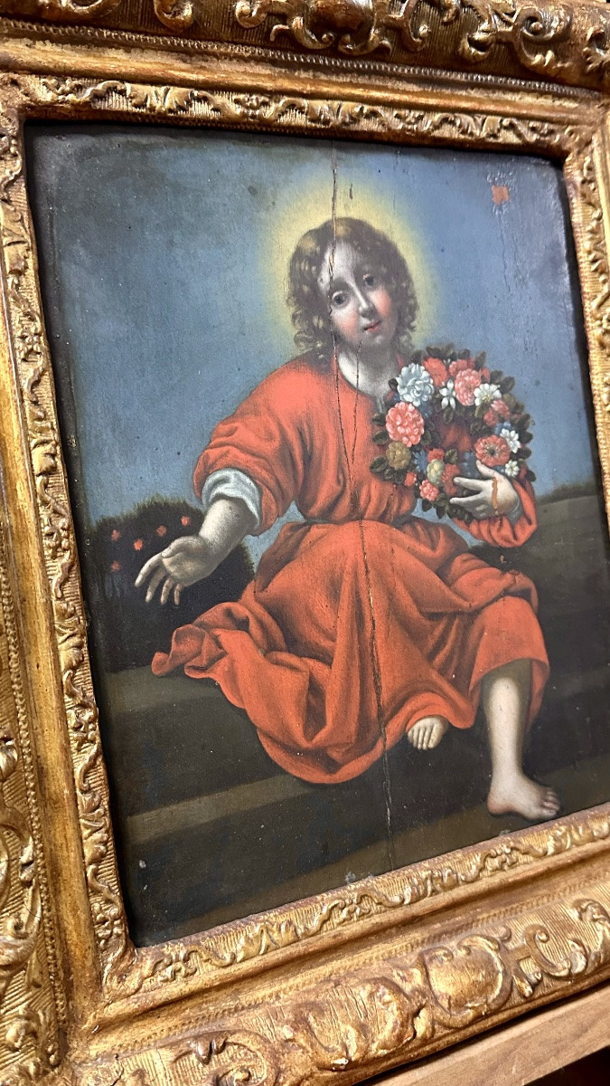 Oil On Panel "sacred Image Of The Child With A Garland Of Flowers" - Early 19th Century-photo-7