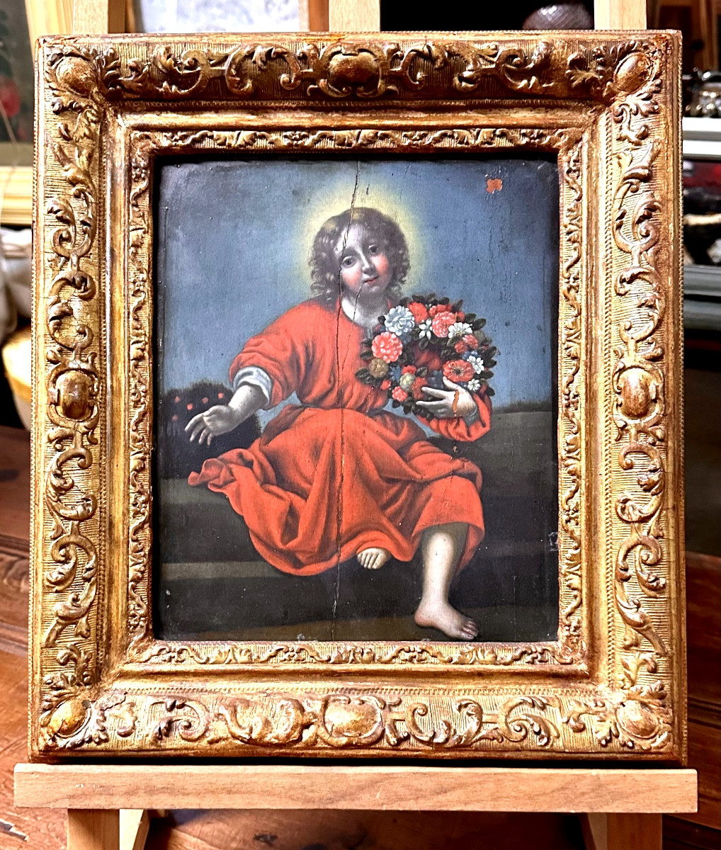 Oil On Panel "sacred Image Of The Child With A Garland Of Flowers" - Early 19th Century