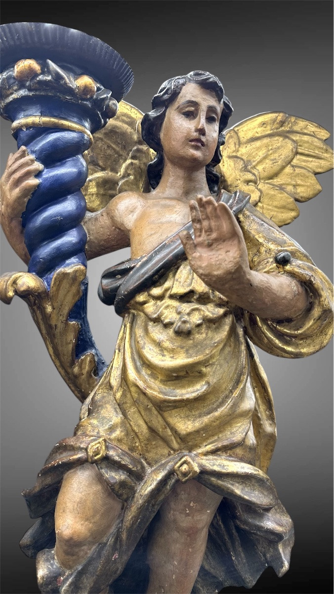 Paire d'anges porte-bougies en bois polychrome – XVIIe siècle-photo-3