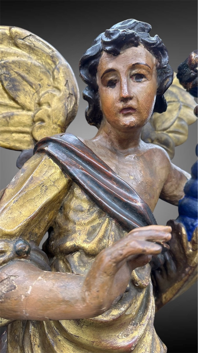 Paire d'anges porte-bougies en bois polychrome – XVIIe siècle-photo-5