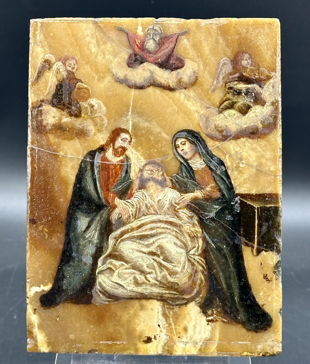Painting, Oil On Flowered Alabaster "death Of Saint Joseph" - 17th Century.-photo-2