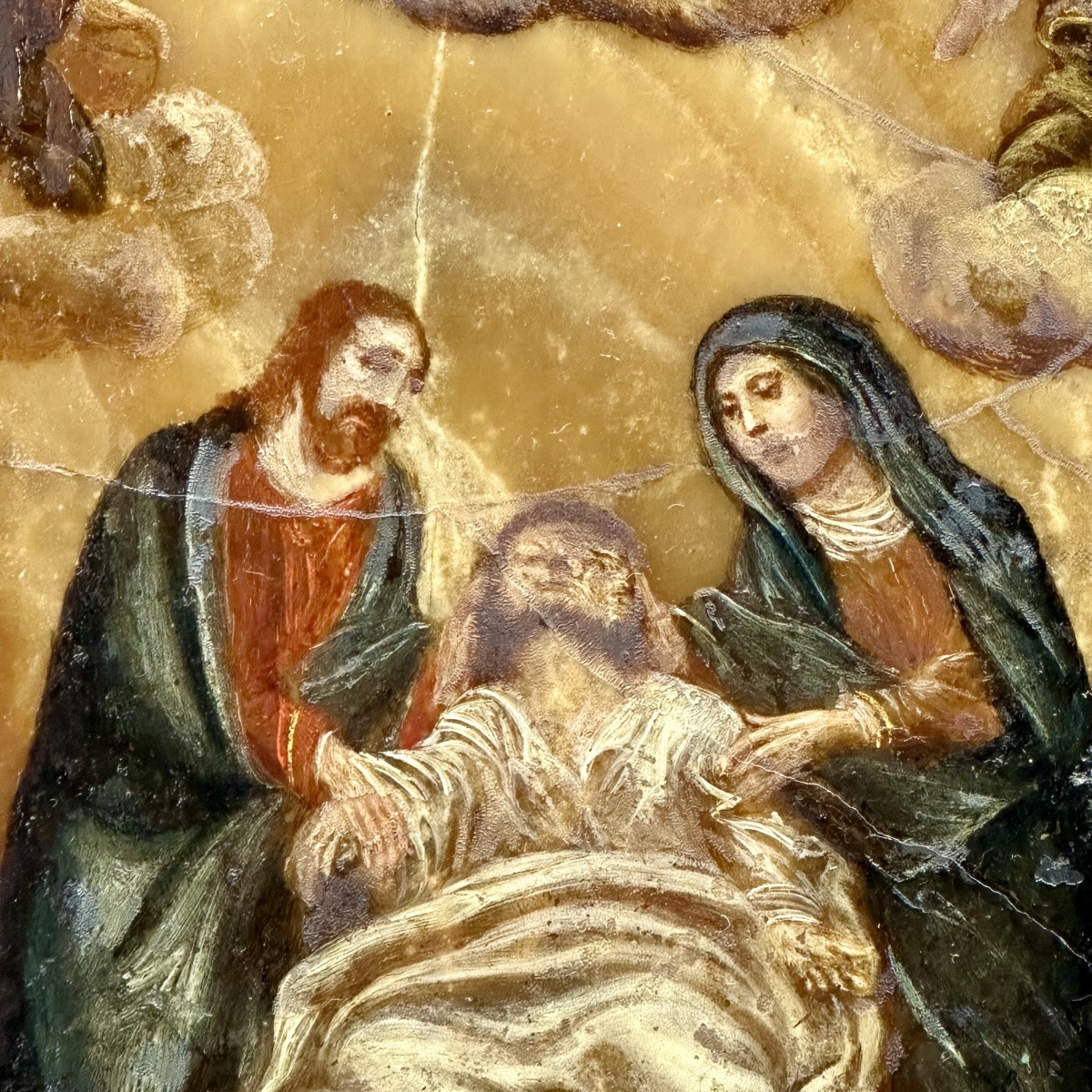 Painting, Oil On Flowered Alabaster "death Of Saint Joseph" - 17th Century.-photo-3