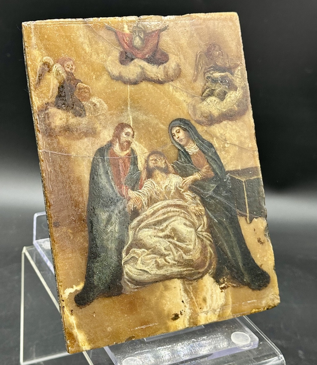 Painting, Oil On Flowered Alabaster "death Of Saint Joseph" - 17th Century.-photo-4