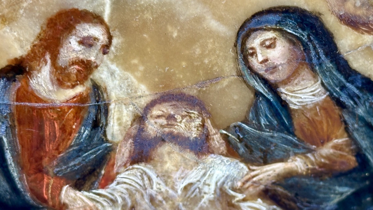 Painting, Oil On Flowered Alabaster "death Of Saint Joseph" - 17th Century.-photo-8
