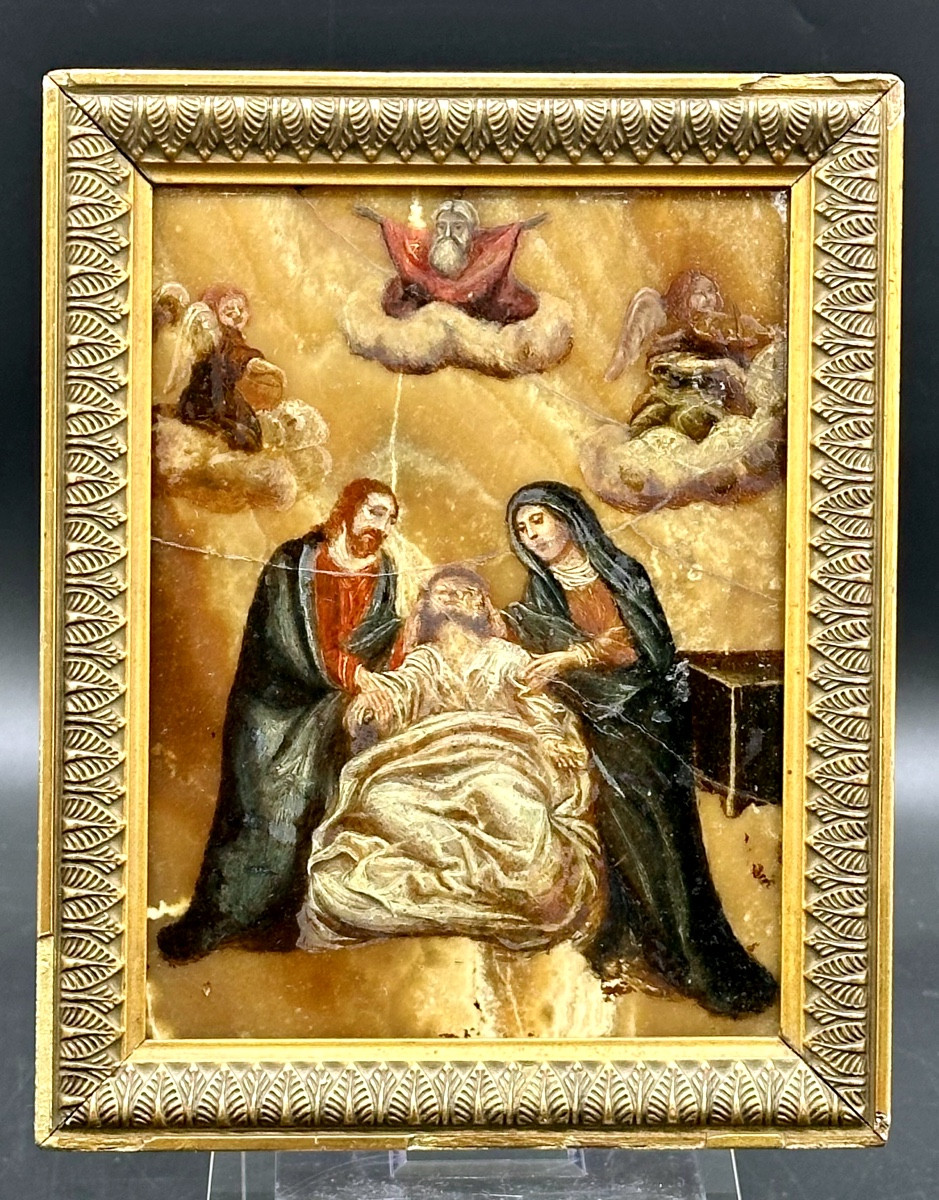 Painting, Oil On Flowered Alabaster "death Of Saint Joseph" - 17th Century.