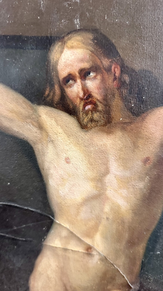 Painting Depicting Christ Crucified, Oil On Canvas, European Painting, 19th Century.-photo-2