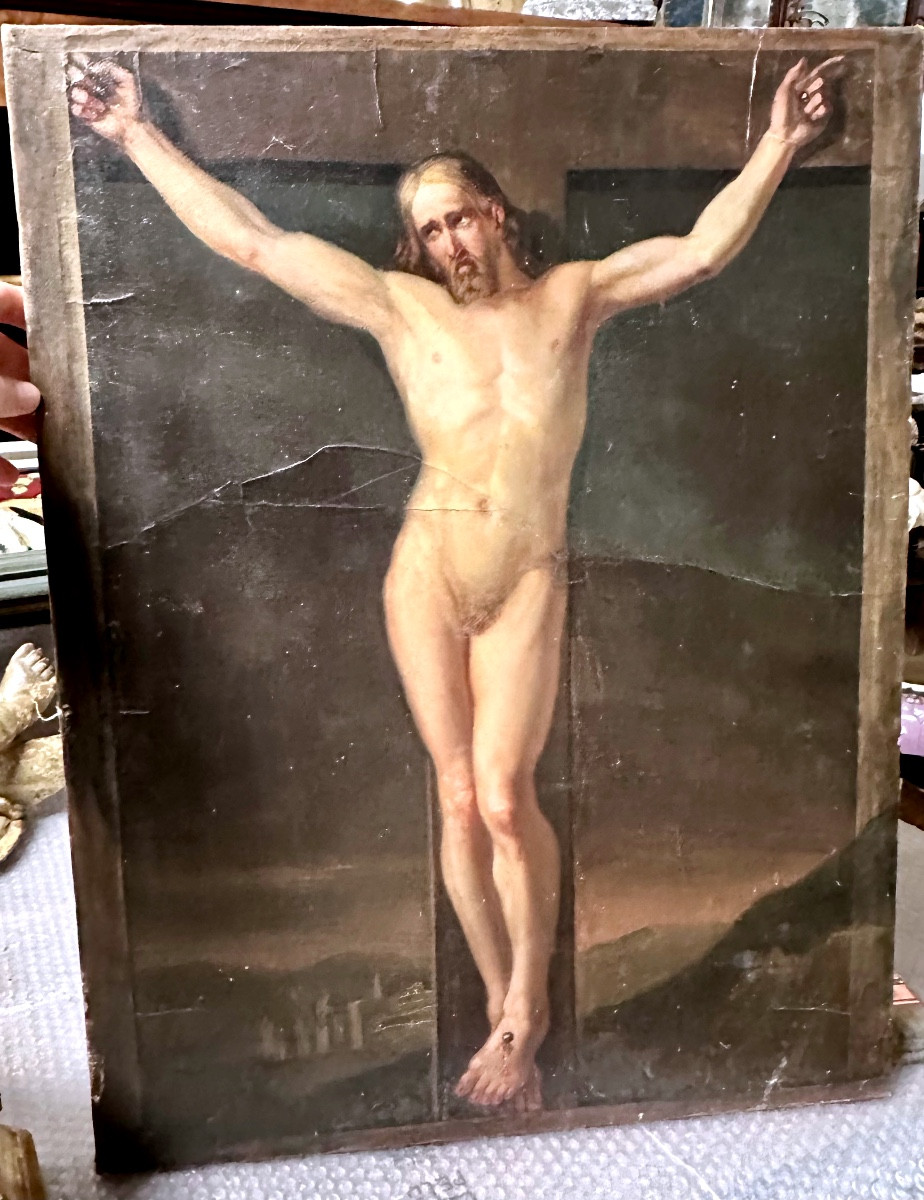 Painting Depicting Christ Crucified, Oil On Canvas, European Painting, 19th Century.