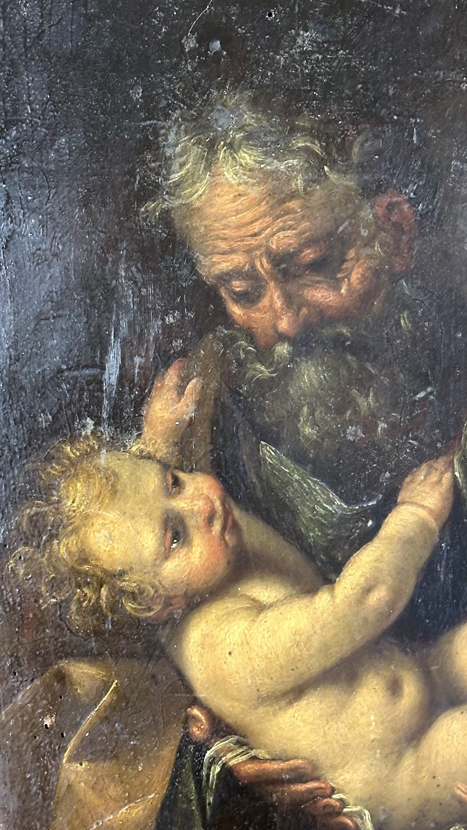 Painting, Oil On Panel "saint Joseph With The Child Jesus" - Late 17th/early 18th Century.-photo-2