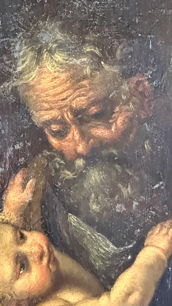 Painting, Oil On Panel "saint Joseph With The Child Jesus" - Late 17th/early 18th Century.-photo-3