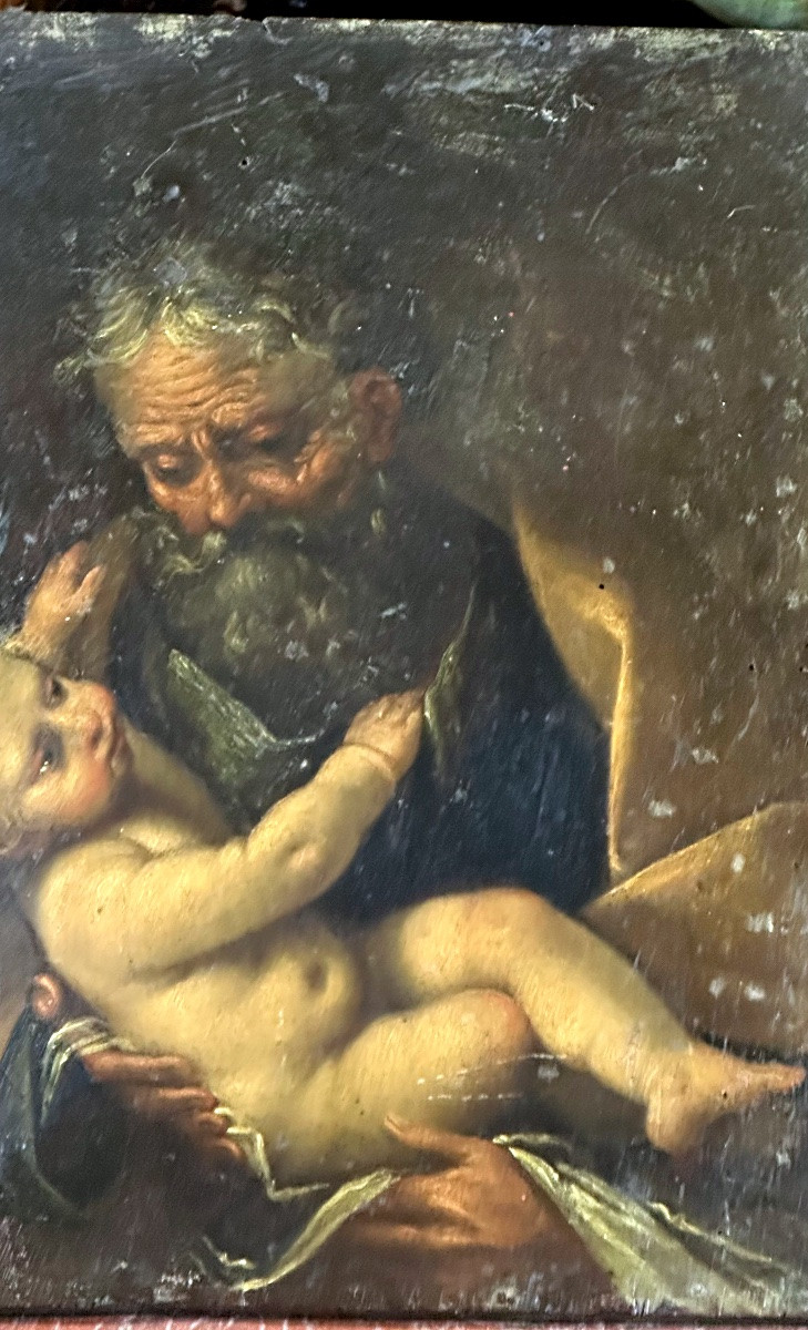 Painting, Oil On Panel "saint Joseph With The Child Jesus" - Late 17th/early 18th Century.-photo-1
