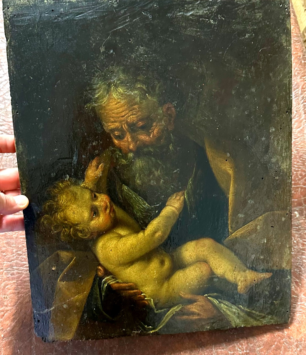 Painting, Oil On Panel "saint Joseph With The Child Jesus" - Late 17th/early 18th Century.