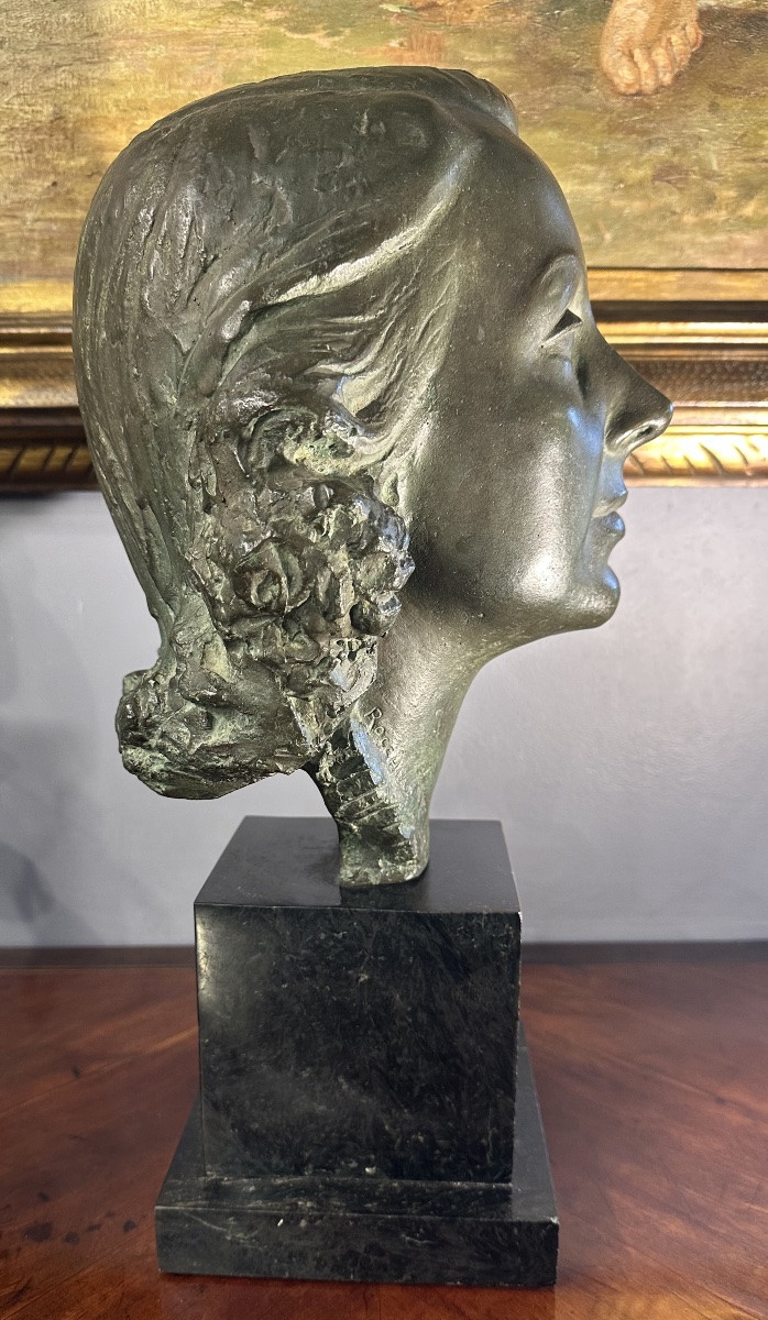 Patinated Bronze Female Face Sculpture, Signed Rocchi 1942.-photo-3