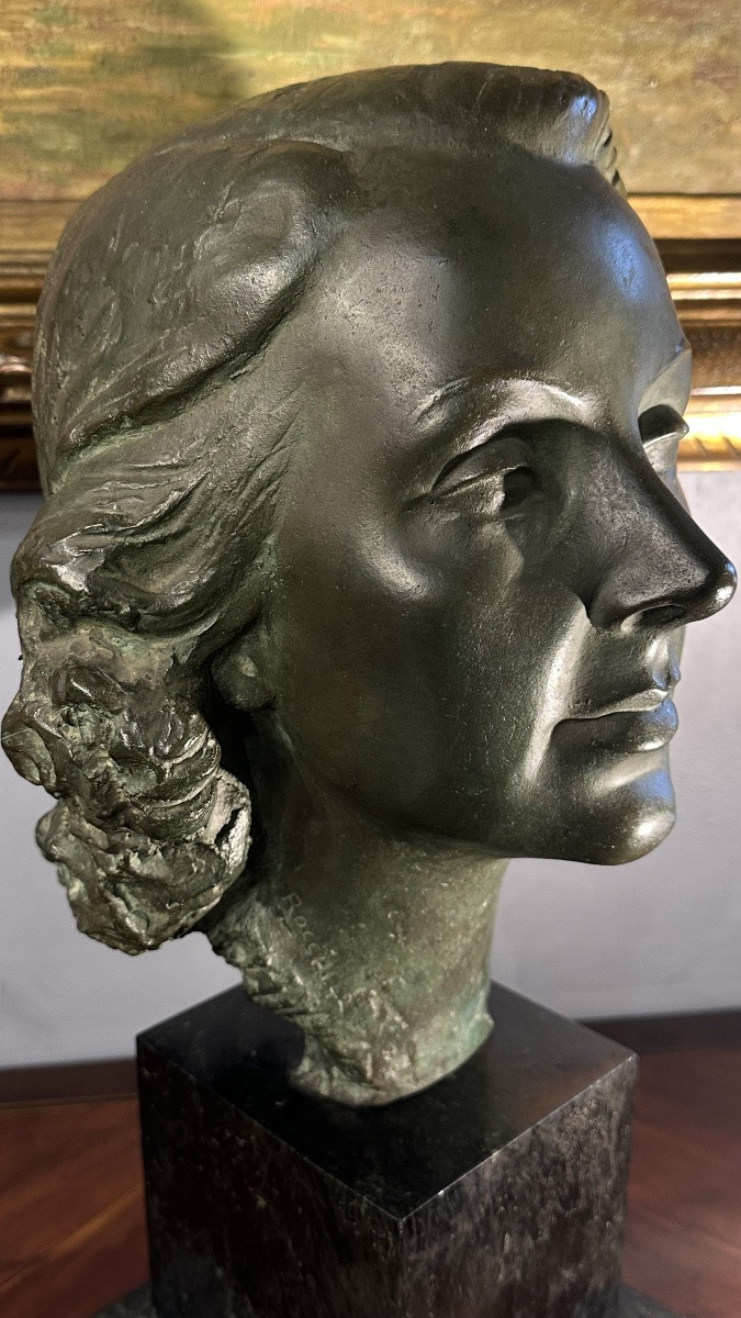 Patinated Bronze Female Face Sculpture, Signed Rocchi 1942.-photo-3