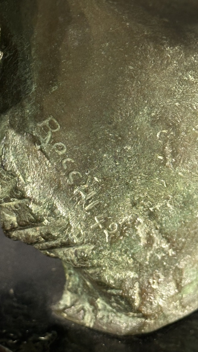Patinated Bronze Female Face Sculpture, Signed Rocchi 1942.-photo-4