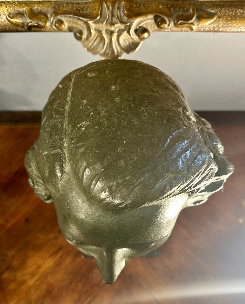 Patinated Bronze Female Face Sculpture, Signed Rocchi 1942.-photo-5