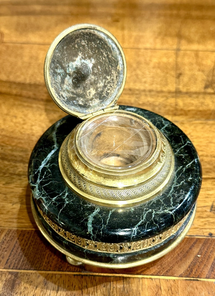 Encrier de bureau en bronze doré et marbre vert - XIXe siècle. France,  XIXe siècle -photo-3