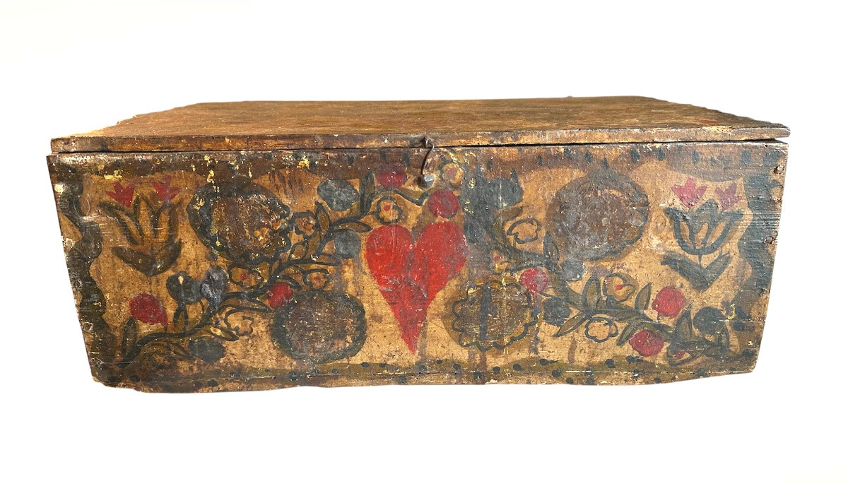 Coffret/caisse ancien en bois peint à la main – XVIIe siècle-photo-2