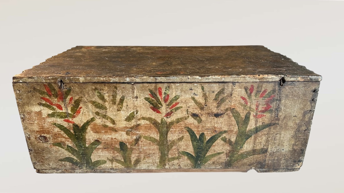 Coffret/caisse ancien en bois peint à la main – XVIIe siècle-photo-1