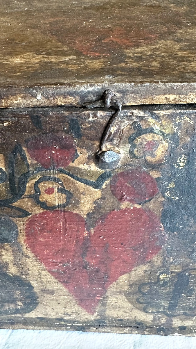 Coffret/caisse ancien en bois peint à la main – XVIIe siècle-photo-7