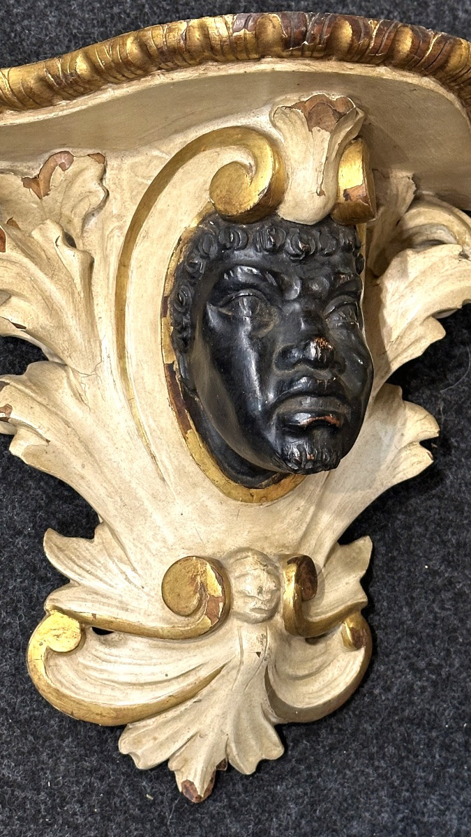 Pair Of Carved And Gilded Wooden Shelves With "mori" Mask - 19th Century-photo-2