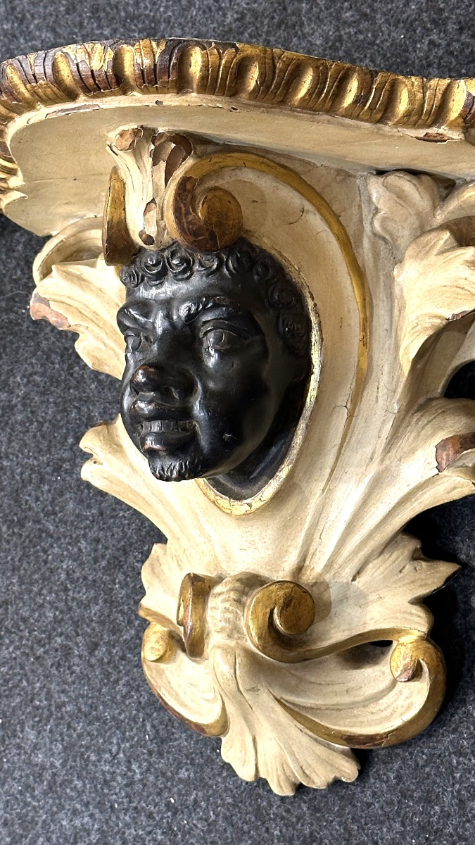 Pair Of Carved And Gilded Wooden Shelves With "mori" Mask - 19th Century-photo-3