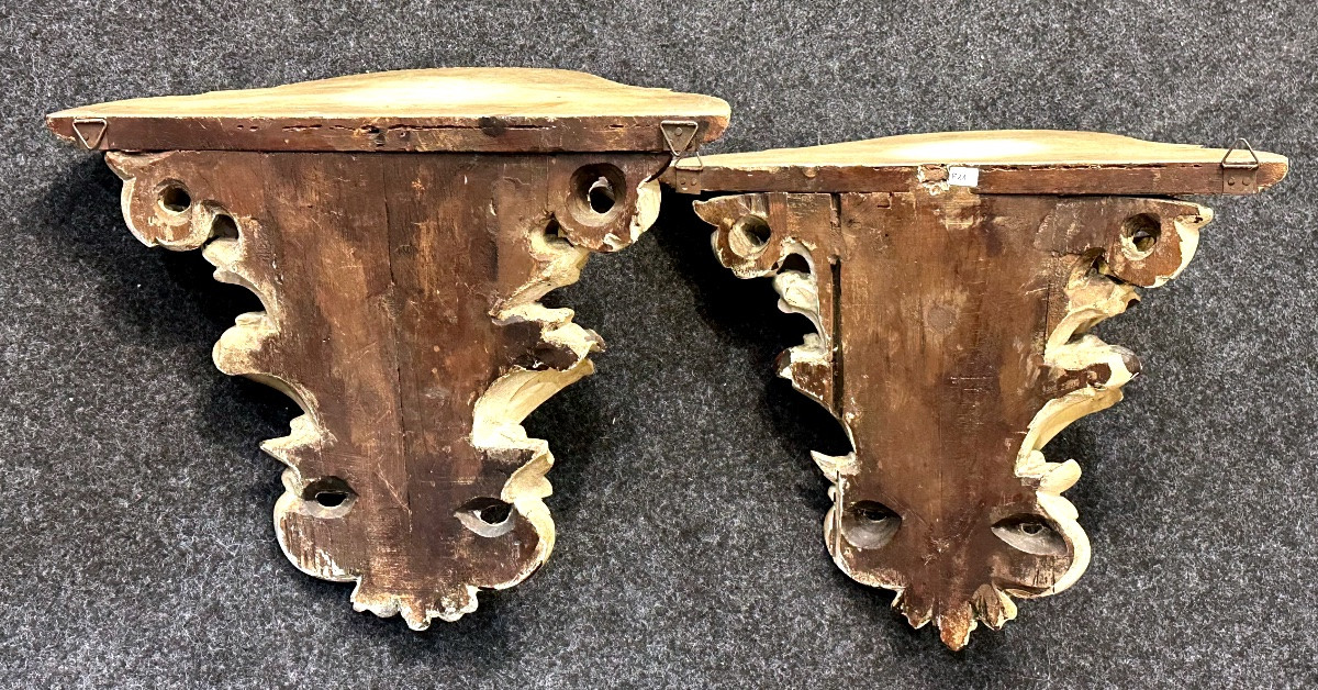 Pair Of Carved And Gilded Wooden Shelves With "mori" Mask - 19th Century-photo-4