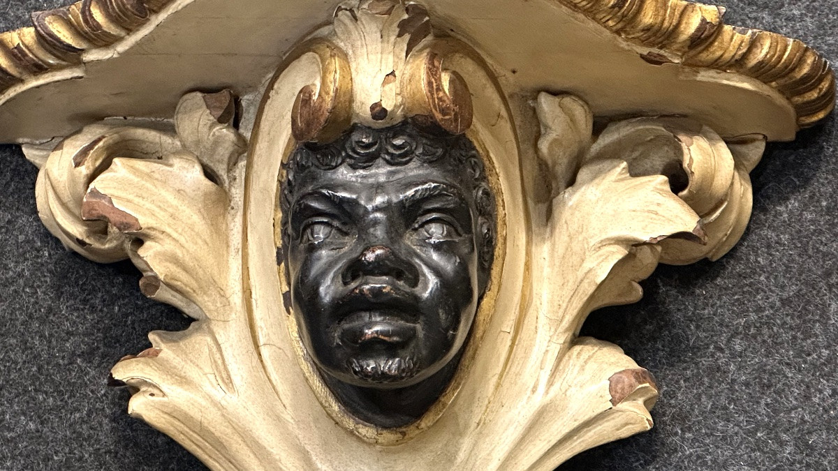 Pair Of Carved And Gilded Wooden Shelves With "mori" Mask - 19th Century-photo-3