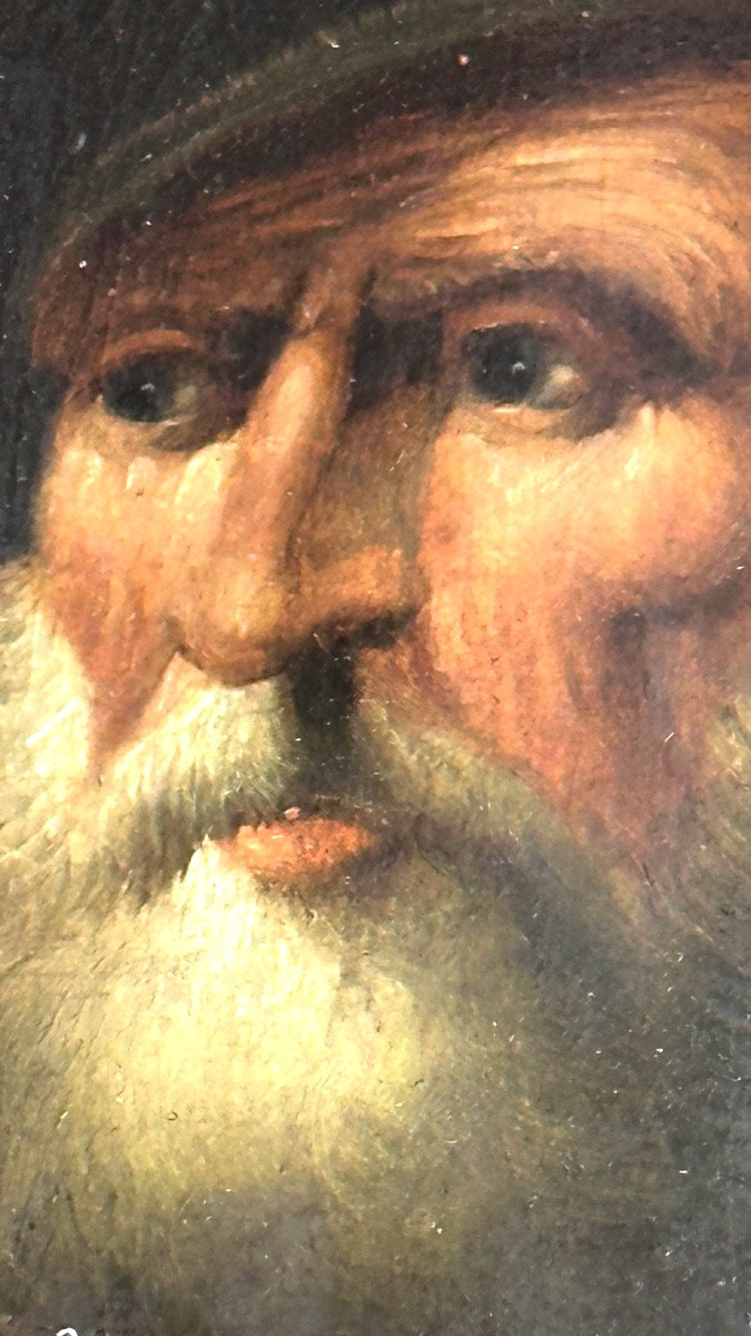 Miniature "portrait Of An Old Man With A Hat" – Oil On Cardboard - 19th Century-photo-3